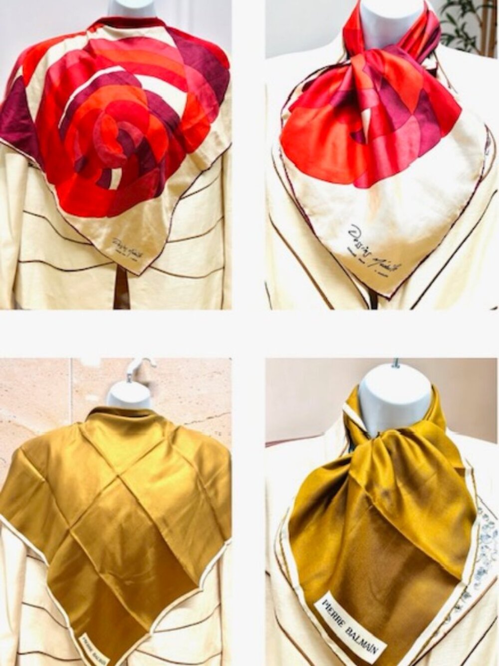 2- Silk scarf Pierre Balmain & Dessing Medialle Paris 23" Brown red brown (47